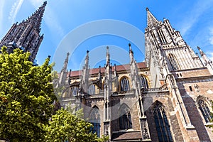 Ulm Minster or Cathedral of Ulm city, Germany. It is top landmark of Ulm. Ornate facade of old Gothic church against sky in summer