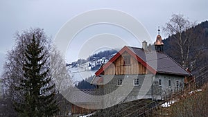 Ulnes school building with belltower sc at Strondafjorden in Norway
