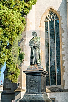 Ulrich Zwingli Monument at the Water Church in Zurich, Switzerland photo