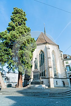 Ulrich Zwingli Monument at the Water Church in Zurich, Switzerland photo