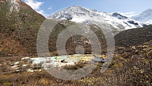 ulti-Colored Pond in Huanglong Valley Against a Snow-Capped Mountain and Blue Sky, China