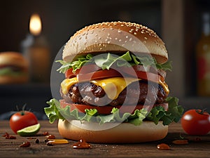 Ultimate Burger Bliss: A Sumptuous Tower of Beef, Cheese, Bacon, and Fresh Fixings