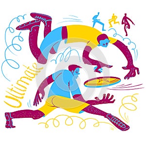 Ultimate frisbee players. Men catching flying disc. Sport competition. Flat style cute vector illustration photo