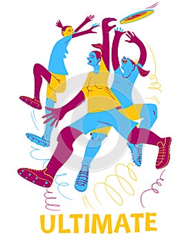Ultimate frisbee players. Women with flying disc. Sport competition. Flat funny style cute vector illustration