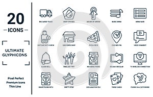ultimate.glyphicons linear icon set. includes thin line big cargo truck, suitcase with check, alarm bell, smartphone with wireless