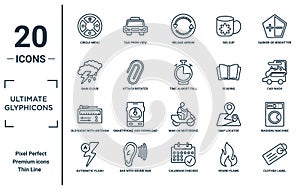 ultimate.glyphicons linear icon set. includes thin line circle menu, rain cloud, old radio with antenna, automatic flash, clothes
