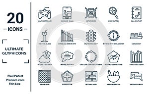 ultimate.glyphicons linear icon set. includes thin line game controller cross, cocktail glass, internet security, square grid, photo