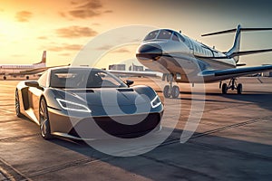 Ultimate Luxury: Super Car and Private Jet on the Landing Strip, Exuding Business Class Service at the Airport. created with