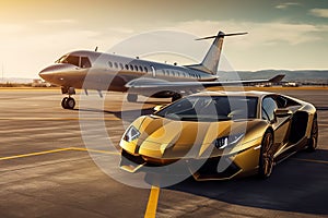 Ultimate Luxury: Super Car and Private Jet on the Landing Strip, Exuding Business Class Service at the Airport. created with