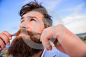 Ultimate moustache grooming guide. Hipster handsome attractive guy close up. Expert tips for growing and maintaining