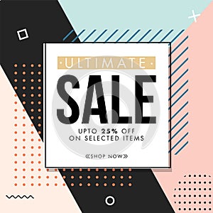 Ultimate Sale poster or template design with 25% discount offer on abstract background.