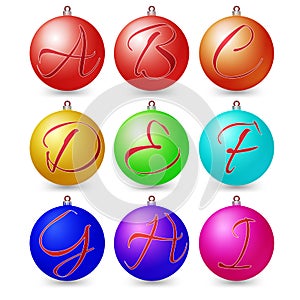 Ultimate set of alphabet font symbols on Christmas balls.