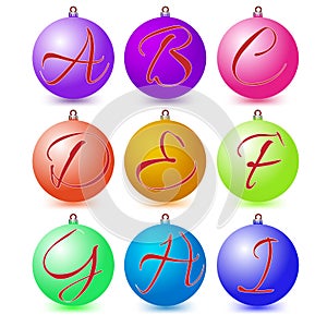 Ultimate set of alphabet font symbols on Christmas balls.