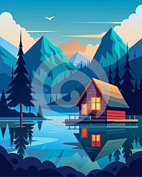 The ultimate workfromhome destination with the tranquility of a lake and the comfort of a cabin.. Vector illustration.