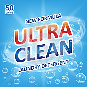 Ultra clean Soap design product. Template for laundry detergent with bubbles on blue. Package design for Liquid