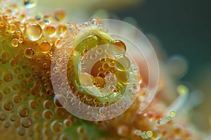 Ultra-close-up of a sundew plant, highlighting the sticky droplets that glisten like jewels