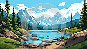 Ultra Detailed Cartoonish Illustration Of Whistlerian Lake And Mountains photo