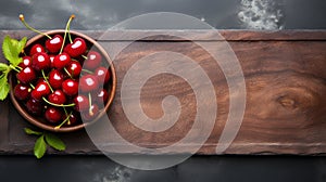 Ultra-detailed Cherry In Wooden Dish On Stone Background