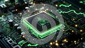 Ultra-detailed close-up chip on a sleek motherboard, glowing green circuits, futuristic design, soft ambient light