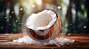 Ultra Detailed Coconut On Ice In Dark Forest Background