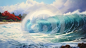 Ultra Detailed Painting Of Big Wave Breaking At Beach