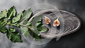 Ultra-detailed Top View Of Fig In Wooden Dish On Dark Gray Stone Background