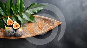 Ultra-detailed Top View Of Fig In Wooden Dish On Dark Gray Stone Background