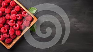 Ultra-detailed Top View Of Raspberry In Wooden Dish On Dark Gray Stone Background