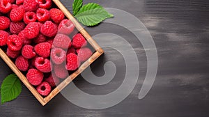 Ultra-detailed Top View Of Raspberry In Wooden Dish On Stone Background