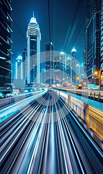 ultra fast railway train blurred motion perspective, speed and dynamics of big city, urban car traffic concept, creative