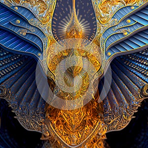 Ultra Fine Detailed Golden-Blue Angelic Wings Revealing Intricate Feather Patterns, Sparkling with a Brilliant Radiance