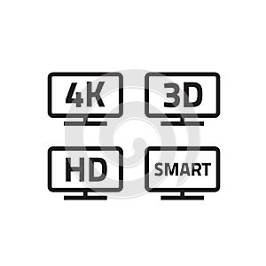 Ultra hd 4k smart tv format television icons, 3d video