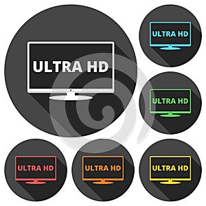 Ultra HD, Monitor, TV icons set with long shadow