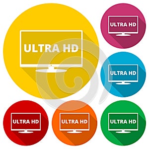 Ultra HD, Monitor, TV icons set with long shadow
