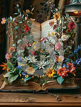 Surreal Book with Blooming Flowers and Vines - Ultra-HD Fantasy Botanical Art on Vintage Table photo