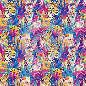Ultra-High Resolution Seamless Pattern of Whimsical Animals and Foliage in Playful Colors for Diverse Applications photo
