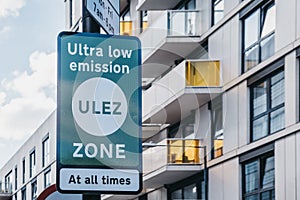 Ultra Low Emission Zone ULEZ sign on a street in London, UK