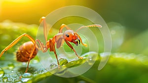 Ultra macro shot of an ant navigating a dewdrop-laden grass blade. Generative AI