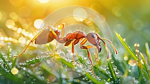 Ultra macro shot of an ant navigating a dewdrop-laden grass blade. Generative AI