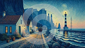 Ultra-Minimalist Twilight Seaside Town with Lighthouse, Inspired by Van Goghâs Style photo