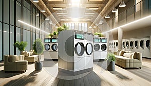 Ultra-modern dry cleaning interior with the latest garment steamers and pressing machines.