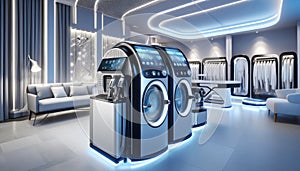 Ultra-modern dry cleaning interior with the latest garment steamers and pressing machines.