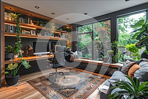 Ultra-modern home office corner with minimalistic design and immersive tech tools. AI generated. photo