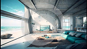 ultra modern living room beach house interior . Ai generative
