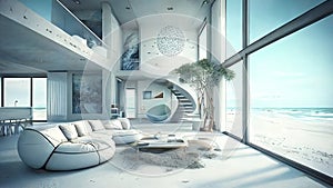 ultra modern living room beach house interior . Ai generative