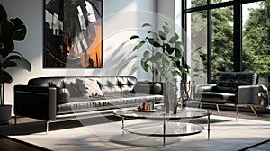 Ultra-modern living room with a sofa design, coffee table, and rug, AI Generated