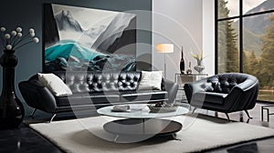 Ultra-modern living room with a sofa design, coffee table, and rug, AI Generated