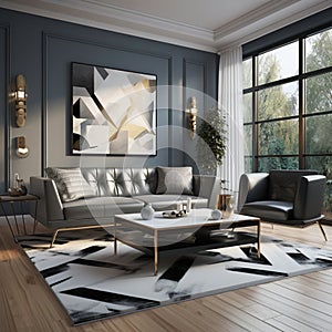 Ultra-modern living room with a sofa design, coffee table, and rug, AI Generated