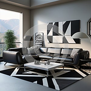 Ultra-modern living room with a sofa design, coffee table, and rug, AI Generated