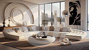 Ultra-modern living room with a sofa design, coffee table, and rug, AI Generated